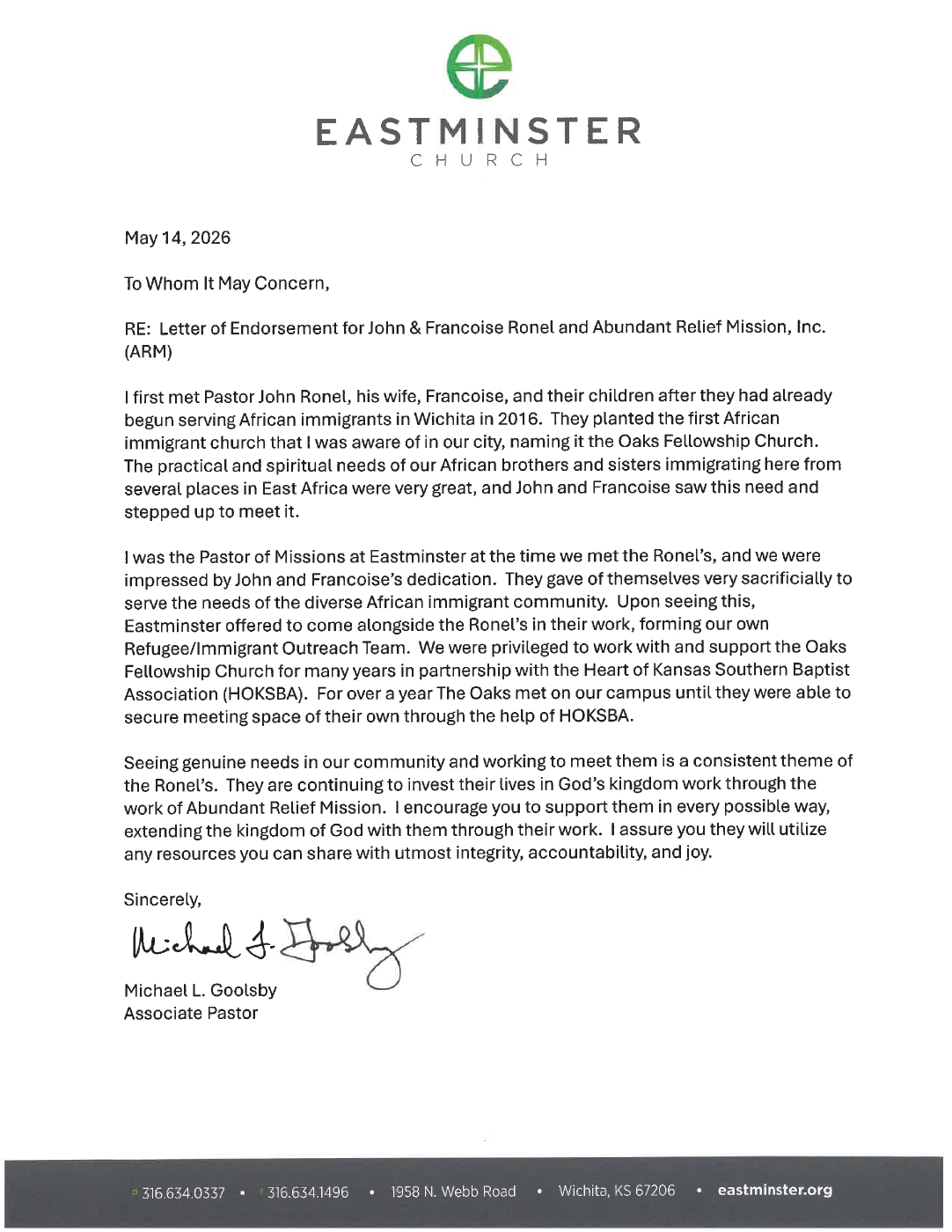 Preview of Eastminster Church’s signed endorsement, May 14, 2026