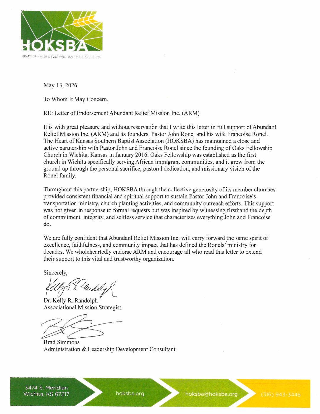 Preview of the Heart of Kansas Southern Baptist Association’s signed endorsement, May 13, 2026