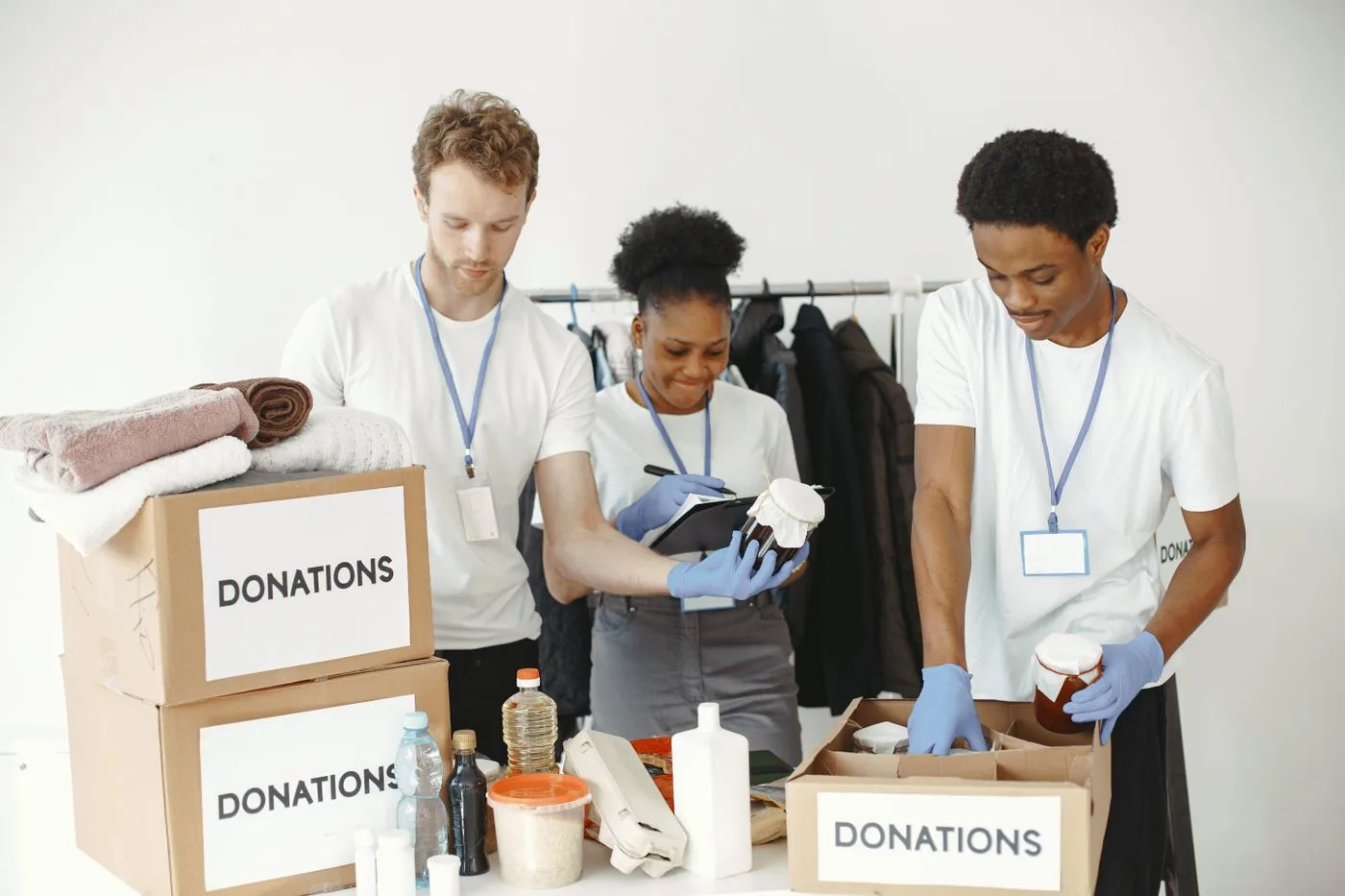 Volunteers organizing donated supplies